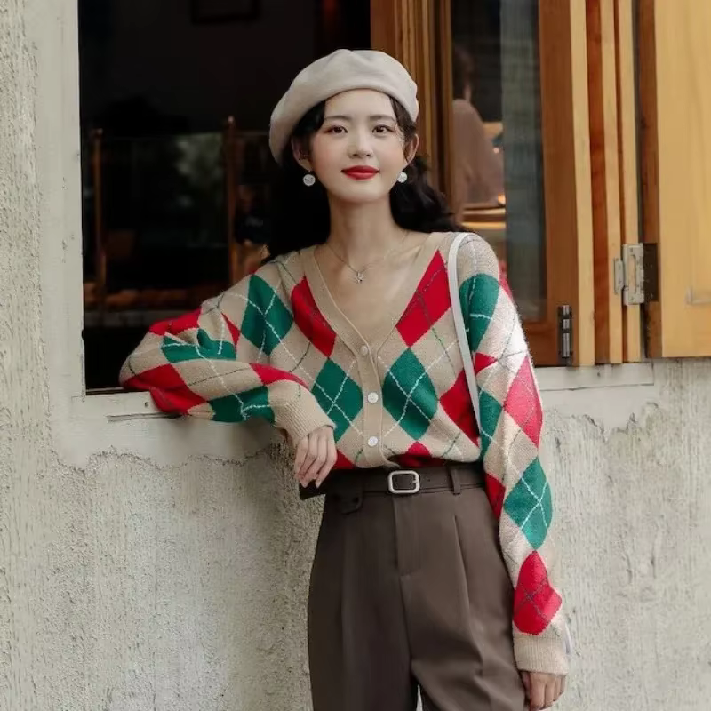 Hauts en tricot pour femme à carreaux vert col en v pull