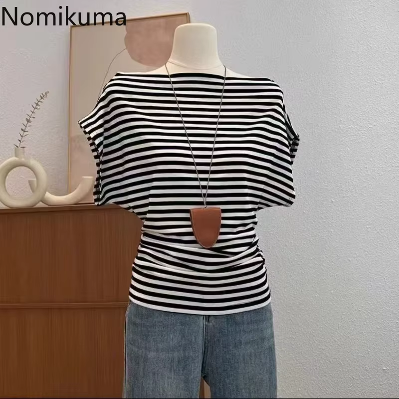 2025 vêtements pour femmes rayé t-shirts à manches courtes Slash cou décontracté Camisetas Ropa Mujer mode été