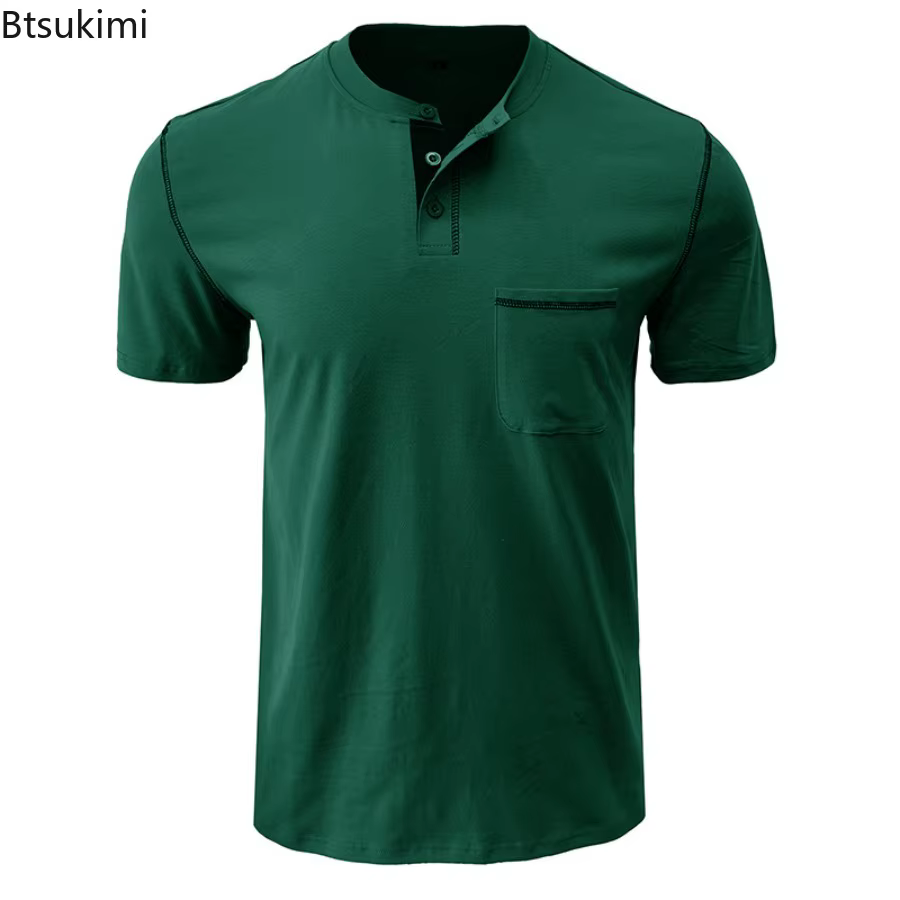 Nouveau Polo de Golf Homme à Col Henry Manches Courtes – T-shirt Décontracté d'Été Respirant avec Poche