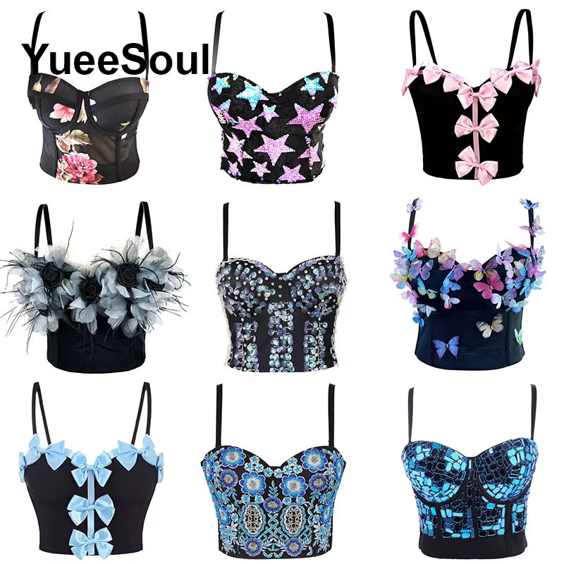Hauts courts noirs 2025, nouveau Y2K gothique, fête de mariage, Club, rue, décontracté, Sexy, débardeur, perles, paillettes, Corset, vêtements pour femmes
