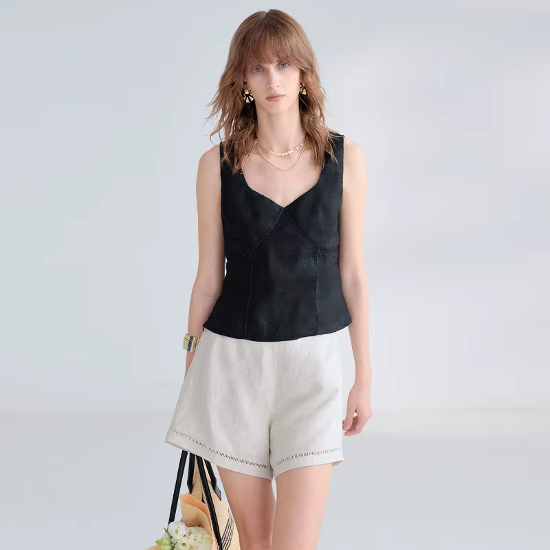 Nouveau débardeur élégant pour femme 100% lin à col en V et bordure en dentelle