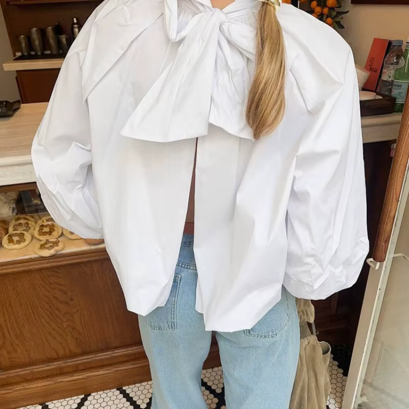 Chemisier blanc à manches bouffantes style français pour femme