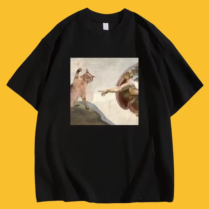 T-shirt humoristique à motif de parodie de la création du chat et d'Adam
