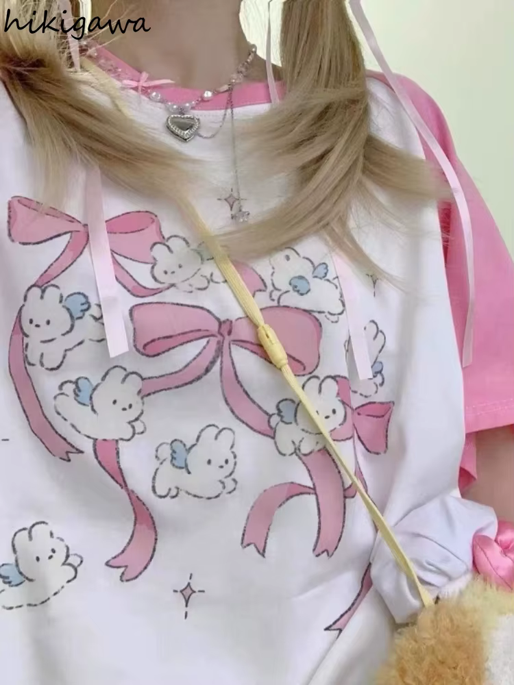 Kawaii rose t-shirts femmes japonais Y2k Style doux fille dessin animé