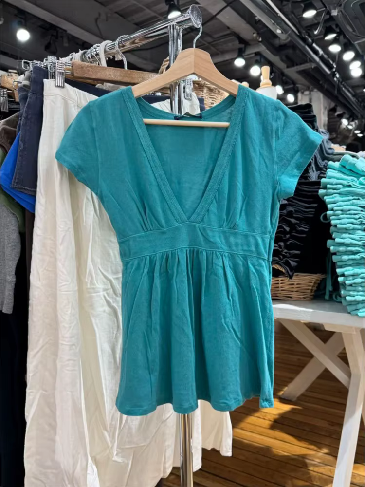 T-shirts décontractés en coton à col en V profond turquoise pour femmes