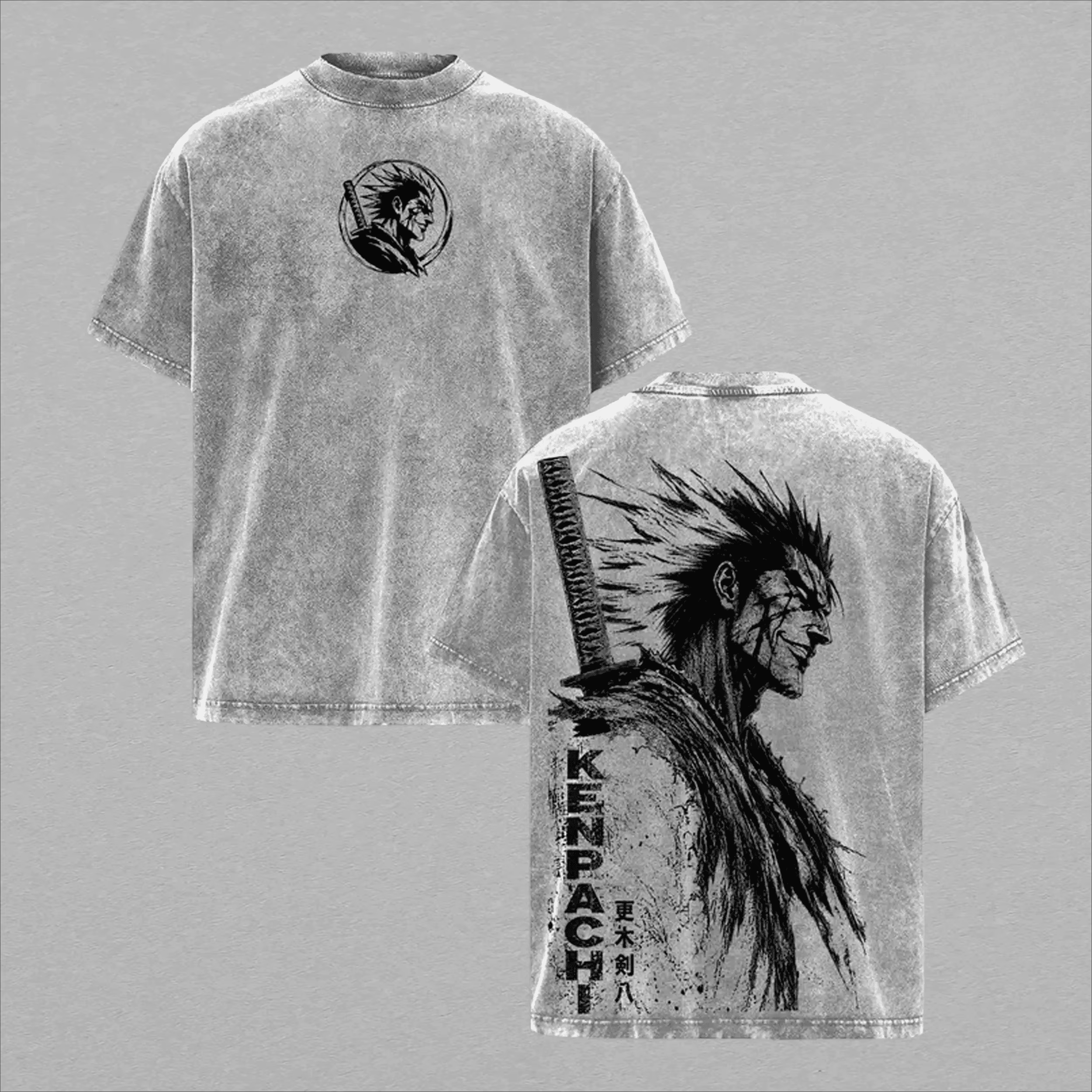Zaraki Kenpachi BLEACH Anime T-shirt Vintage en Coton Lavé pour Homme