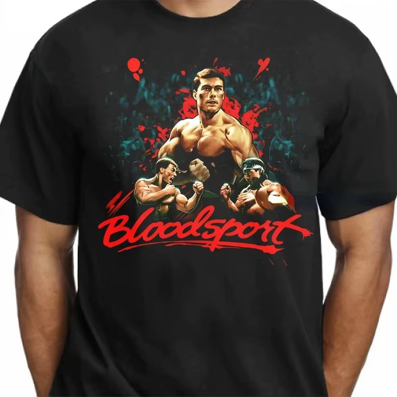 T-shirt noir pour hommes avec des thèmes d'arts martiaux et de sanglants récents du film de 1988 de Jean Claude Van