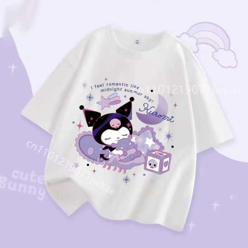 T-shirt fille Kuromi violet imprimé dessin animé, hauts pour enfants à manches courtes, vêtements d'été respirants et mignons pour bébés, cadeaux d'anniversaire