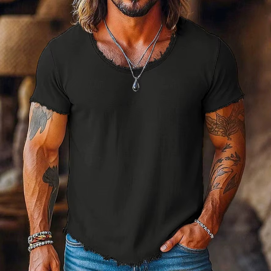 Nouveau T-shirt déchiré à col rond pour homme