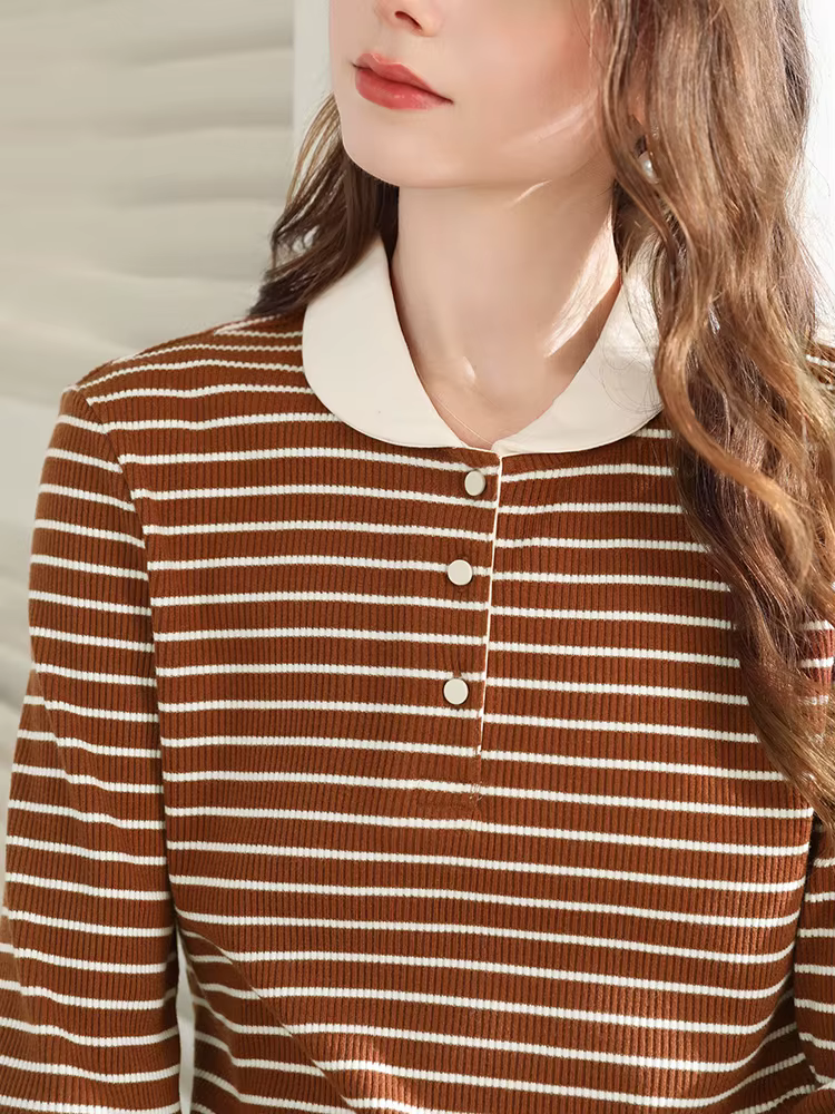 Je crois vous hauts à manches longues pour femme 2025 hiver rétro marron rayé col rabattu tricot T-shirt