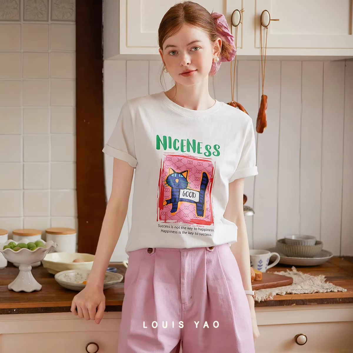 LOUIS YAO T-shirt imprimé 2025 été décontracté coton motif chat manches courtes col rond ample femmes