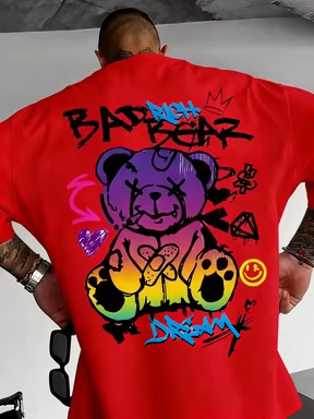 T-shirt à col rond personnalisé avec imprimé graffiti à motif d'ours