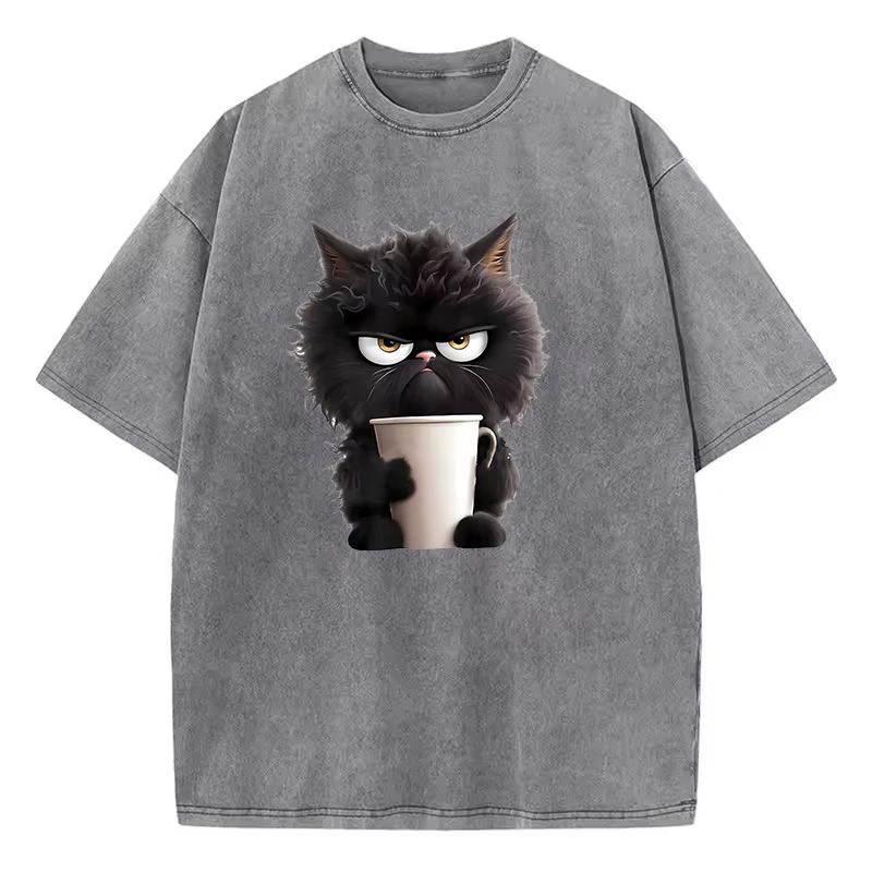T-Shirt Vintage café chat lavé 100% coton T-Shirt graphique T-Shirt décontracté Streetwear printemps été