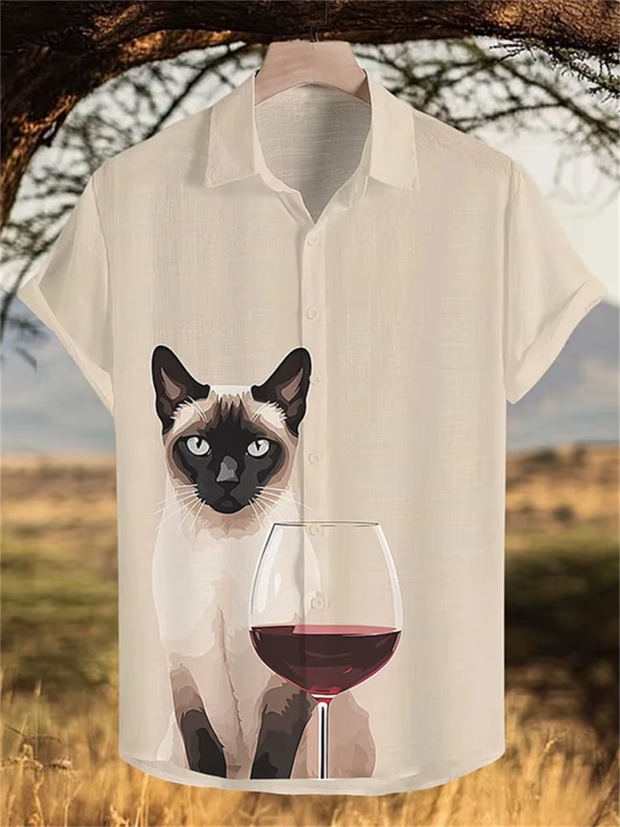 Chemise à manches courtes imprimée sur le thème du chat pour hommes