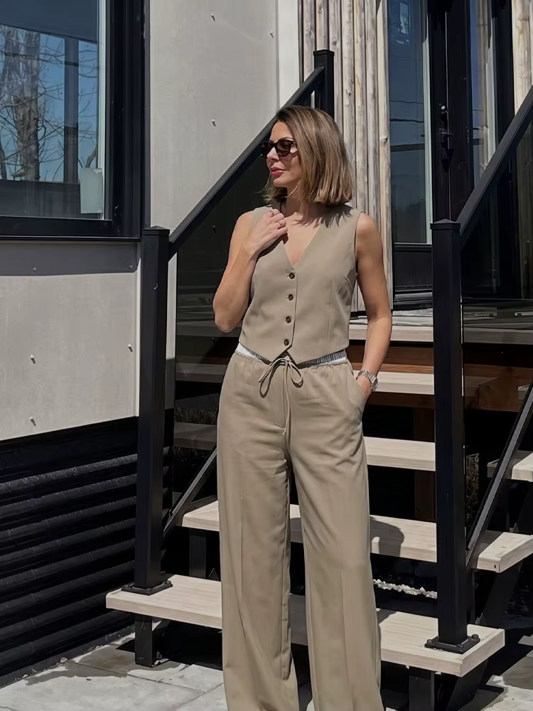 Ensemble pantalon élégant et décontracté marron pour femme