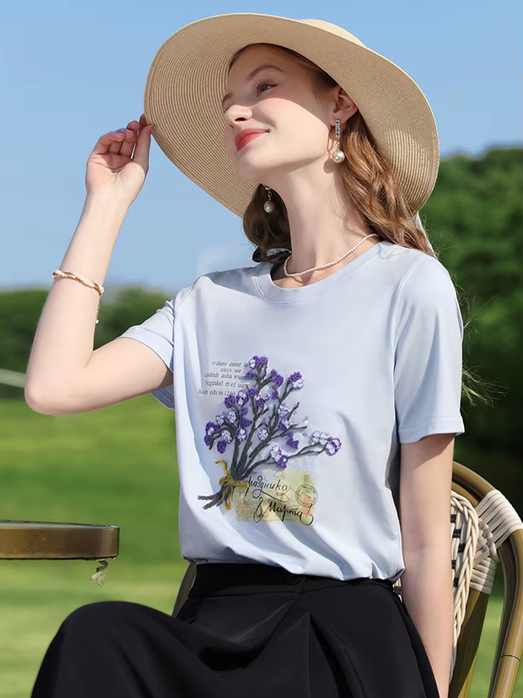 Je crois que vous perles brodé T-shirt femme 2025 été lettre impression haut décontracté à manches courtes Cool coton t-shirts 2251015989