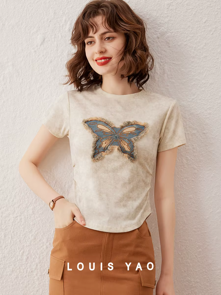 Modiis YAO-T-shirt à manches courtes et col rond pour femme, haut décontracté, pull, broderie délavée papillon, coupe couvertes, mode estivale, 2024