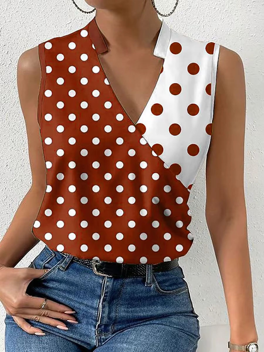 Débardeur Femme Tendance Printemps-Été Marron Blanc à Pois Col V Effet Cache-Cœur Rétro Décontracté Quotidien Saint-Valentin