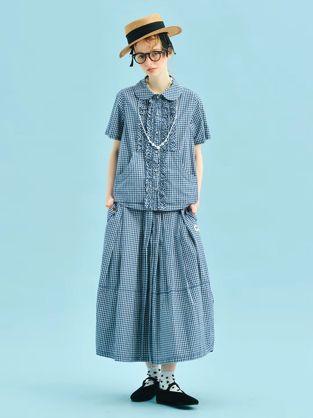 Chemise à carreaux bleue 2025 imakokoni style d'été pur coton lavé col de poupée dentelle manches courtes femmes 255011