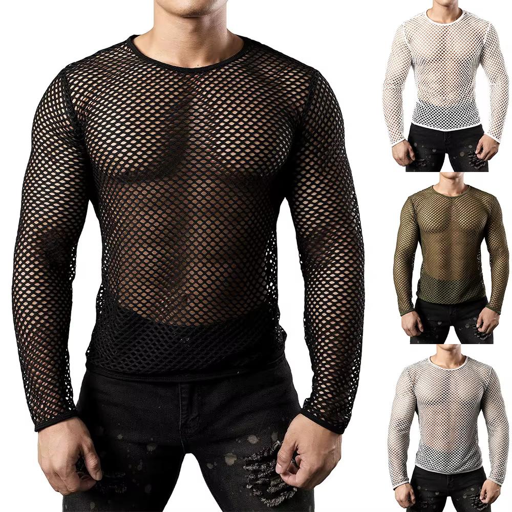 2025 hommes t-shirt maille Transparent col rond à manches longues T-shirts Sexy Streetwear mode fête discothèque