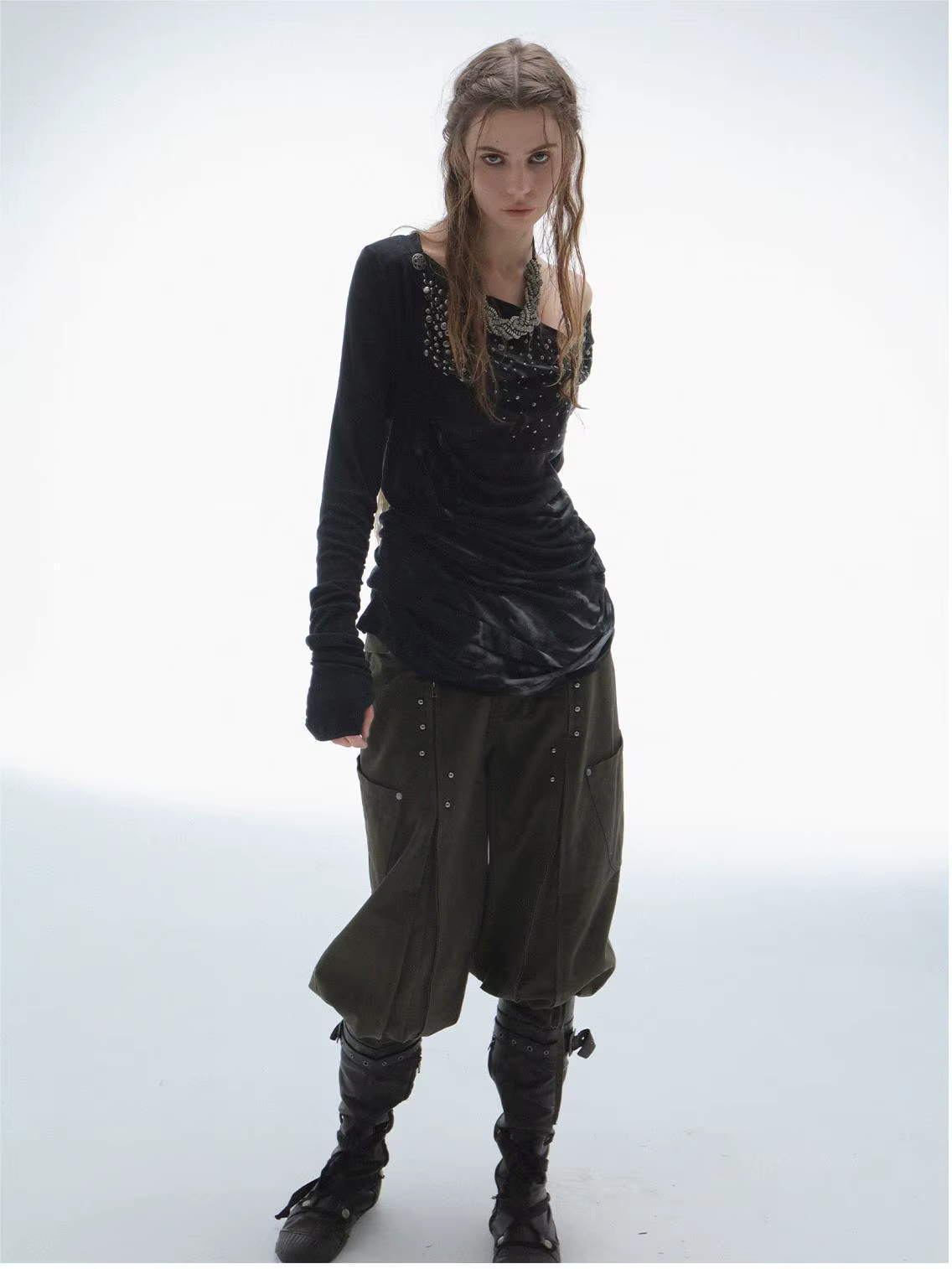À la mode américain rétro y2k Harajuku punk début d'automne col pivotant épaule oblique chaud diamant imprimé design sens haut emo