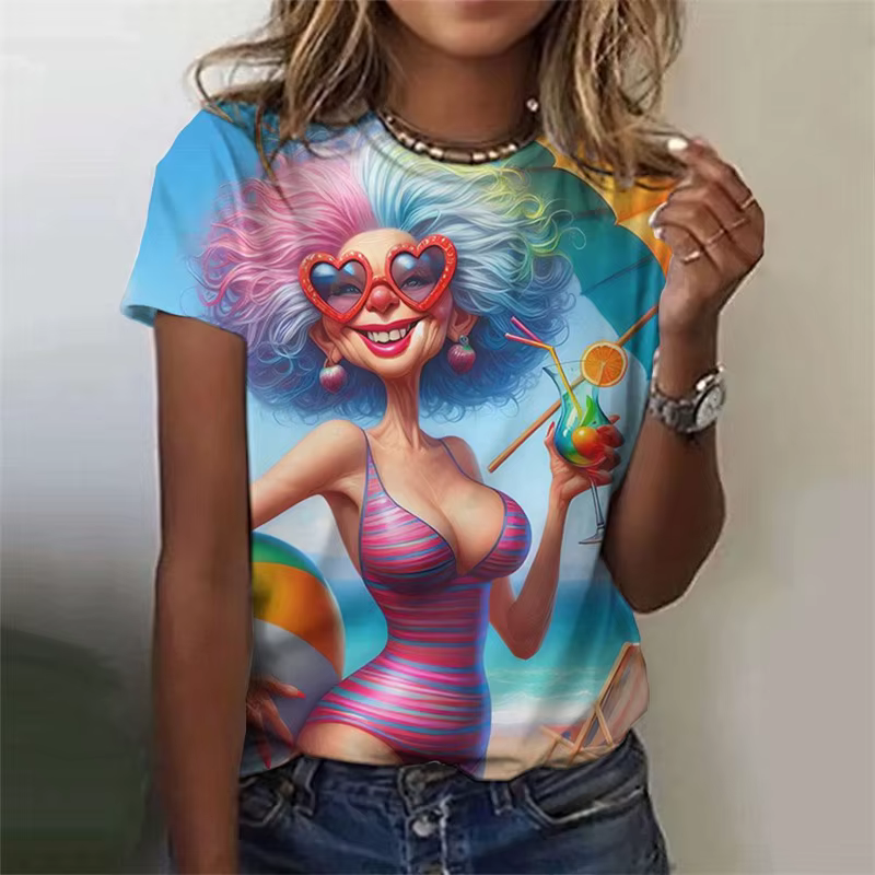T-Shirt grand-mère de dessin animé imprimé en 3D pour femmes