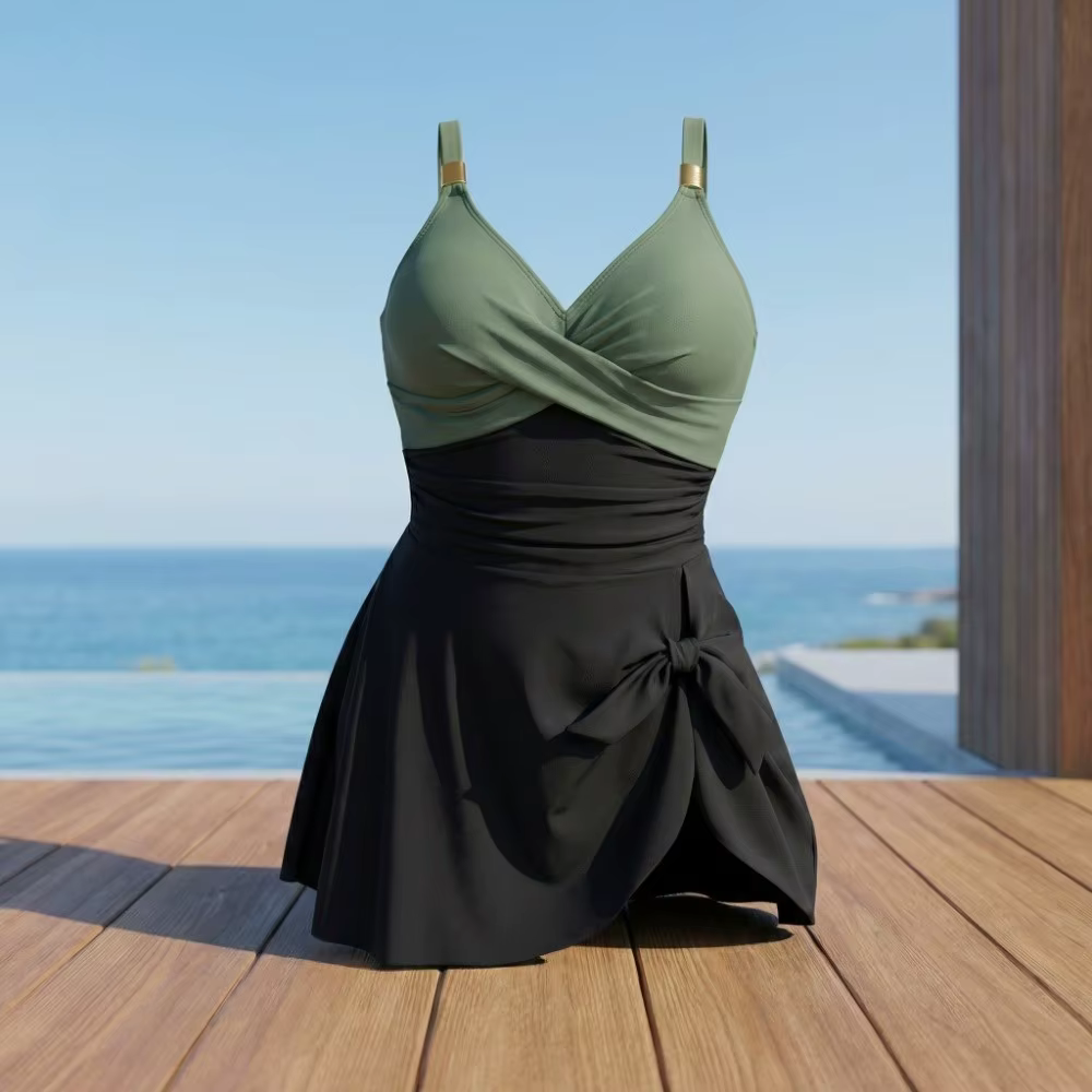 Maillot de bain femme tendance coupe ajustée sans manches plissé col en V avec jupe, idéal pour l'été et la plage