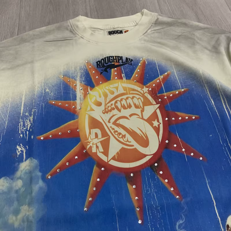 T-shirt imprimé délavé style rétro américain à manches longues