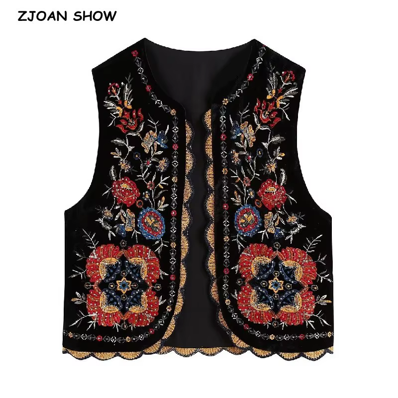 Gilet en Velours Brodé de Fleurs pour Femme, Tenue Décontractée, Couture Ouverte, Style Ethnique