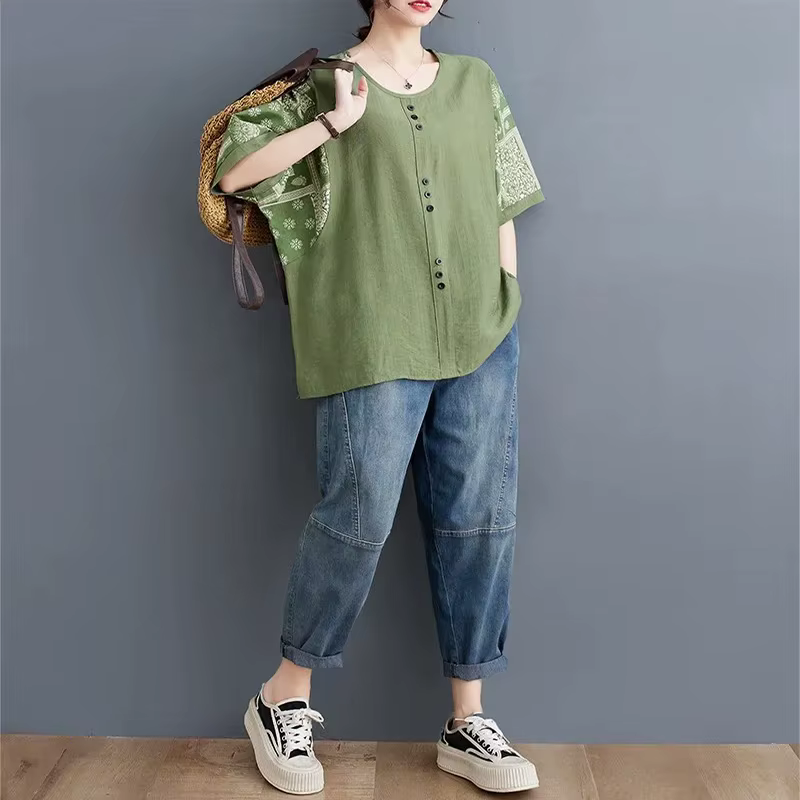 Grande taille coton lin femmes T-Shirt été coupe ample imprimé cinq manches boutonné chemise décontractée à la mode