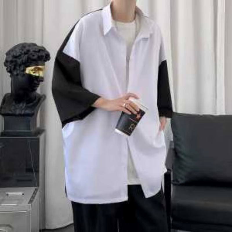 Chemise Homme Été Ample Tendance Marque Manches Trois-quarts Couleurs Contrastées Couture Patchwork Vêtements Masculins