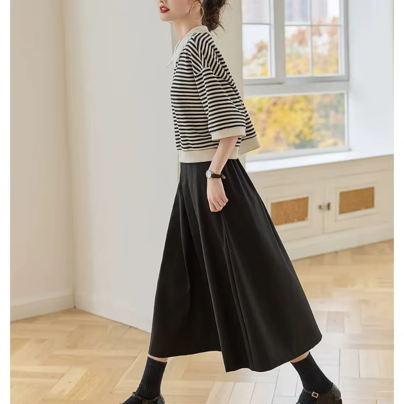 Polo rayé noir et blanc pour femme, manches 3/4, coupe ample, haut décontracté