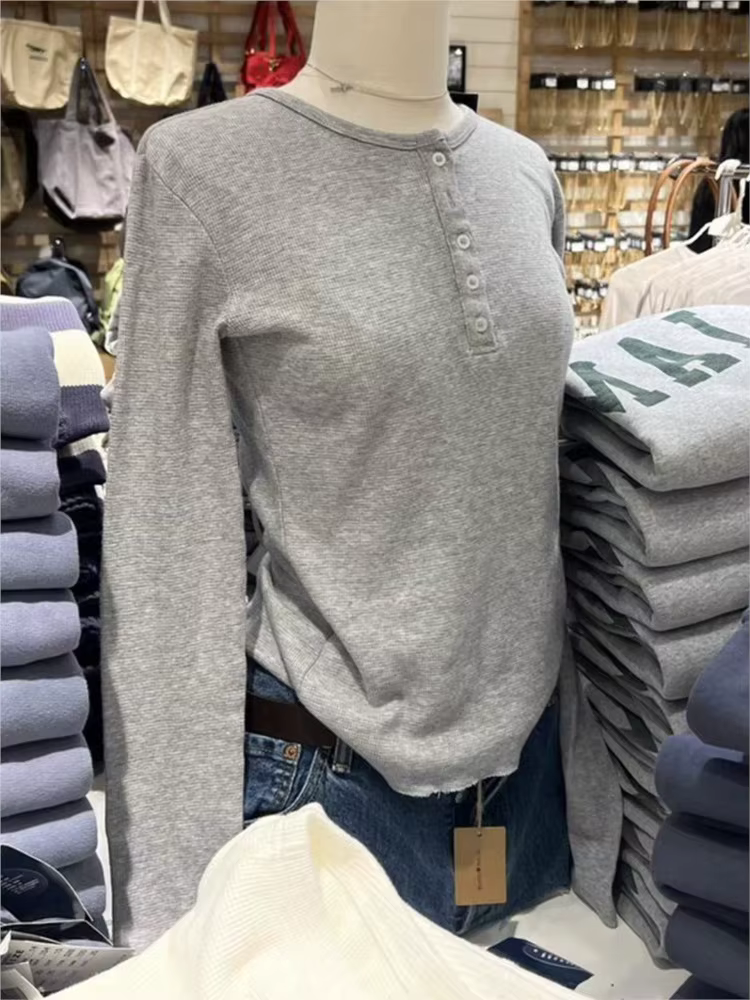 Gris gaufre mince à manches longues T-Shirt femmes printemps boutons col rond rétro Y2k