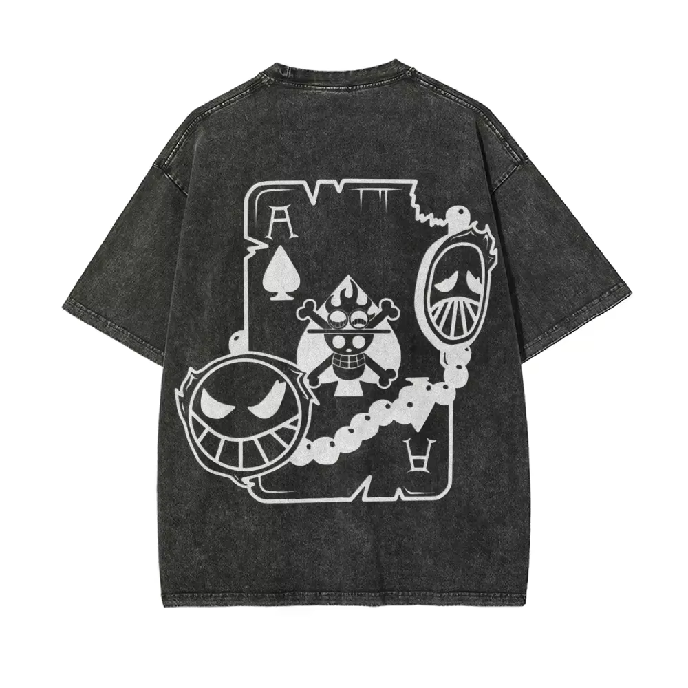 T-shirt Homme Ace Effet Délavé Acide, Motif Anime Pouce de l'Épée, Style Vintage Streetwear, avec Badge Souriant Poing de Feu, Été 2026
