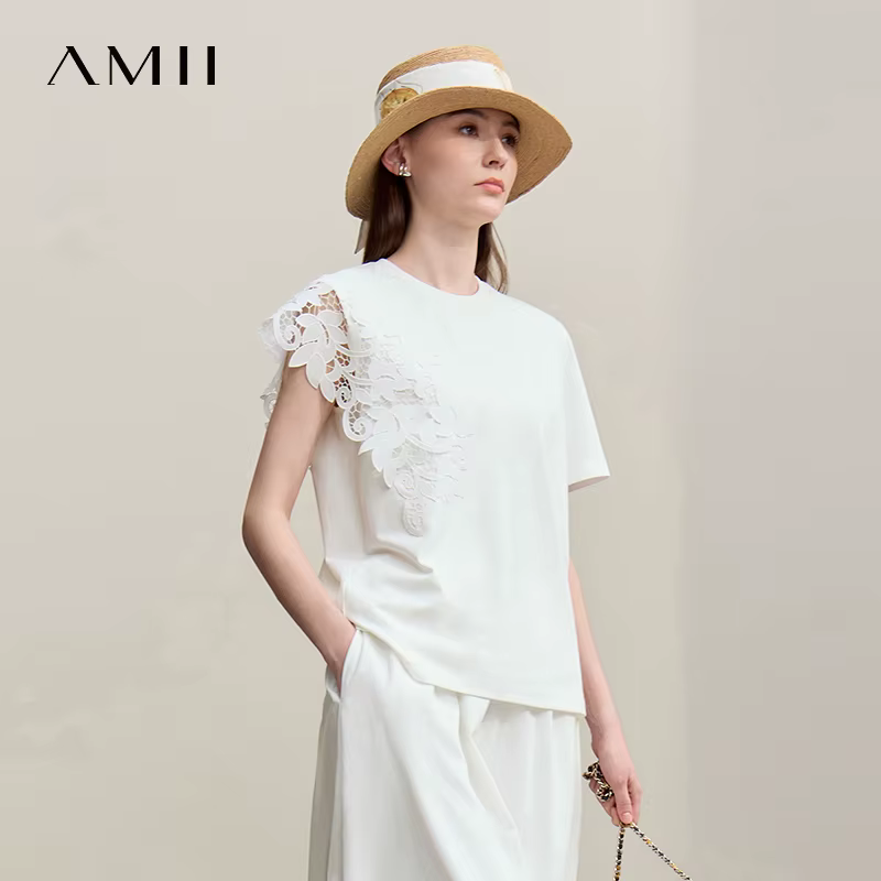 T-shirt Amii 2026 Nouvelle Collection Été Col Rond Coton Anti-Transpiration Dentelle Asymétrique Ample Manches Courtes Pour Femme 12642023