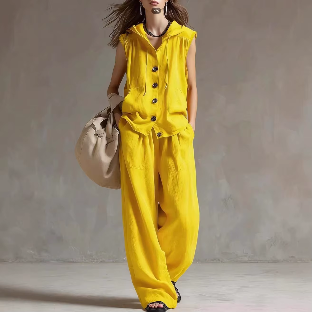 Ensemble 2 pièces décontracté pour femme : Gilet sans manches à capuche et pantalon large à jambes longues – Nouvelle collection printemps-été