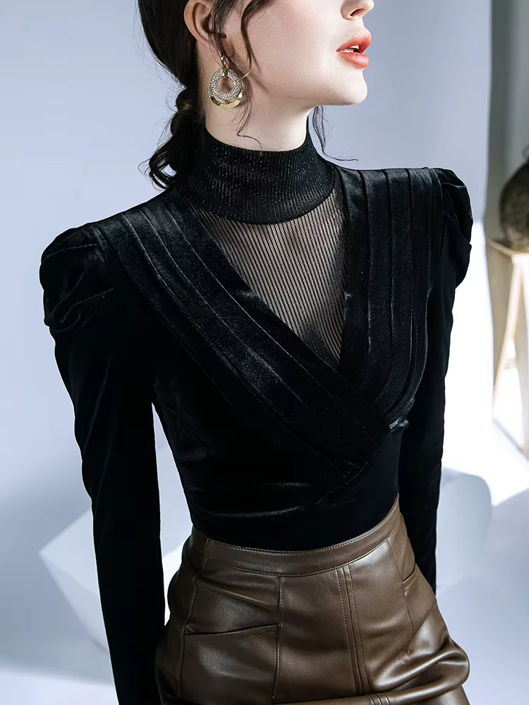 T-shirt à manches longues en velours doré pour femme