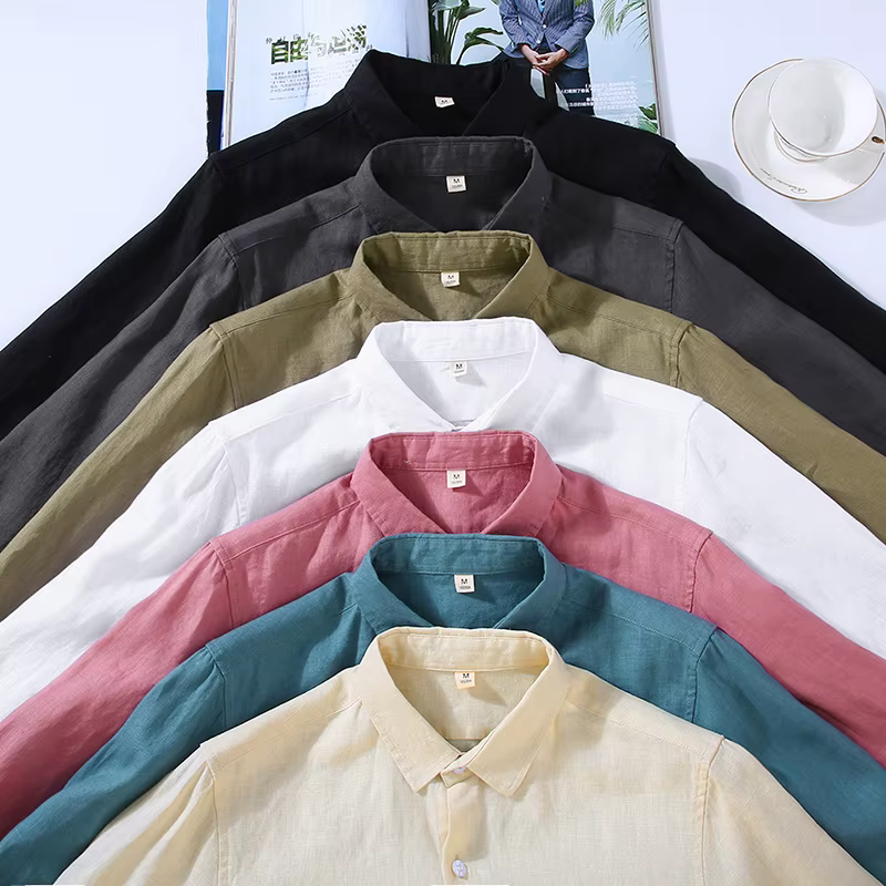 100% lin chemise à manches longues pour hommes printemps automne mode bonne qualité couleur unie mince respirant sain revers Blouse hauts mâle