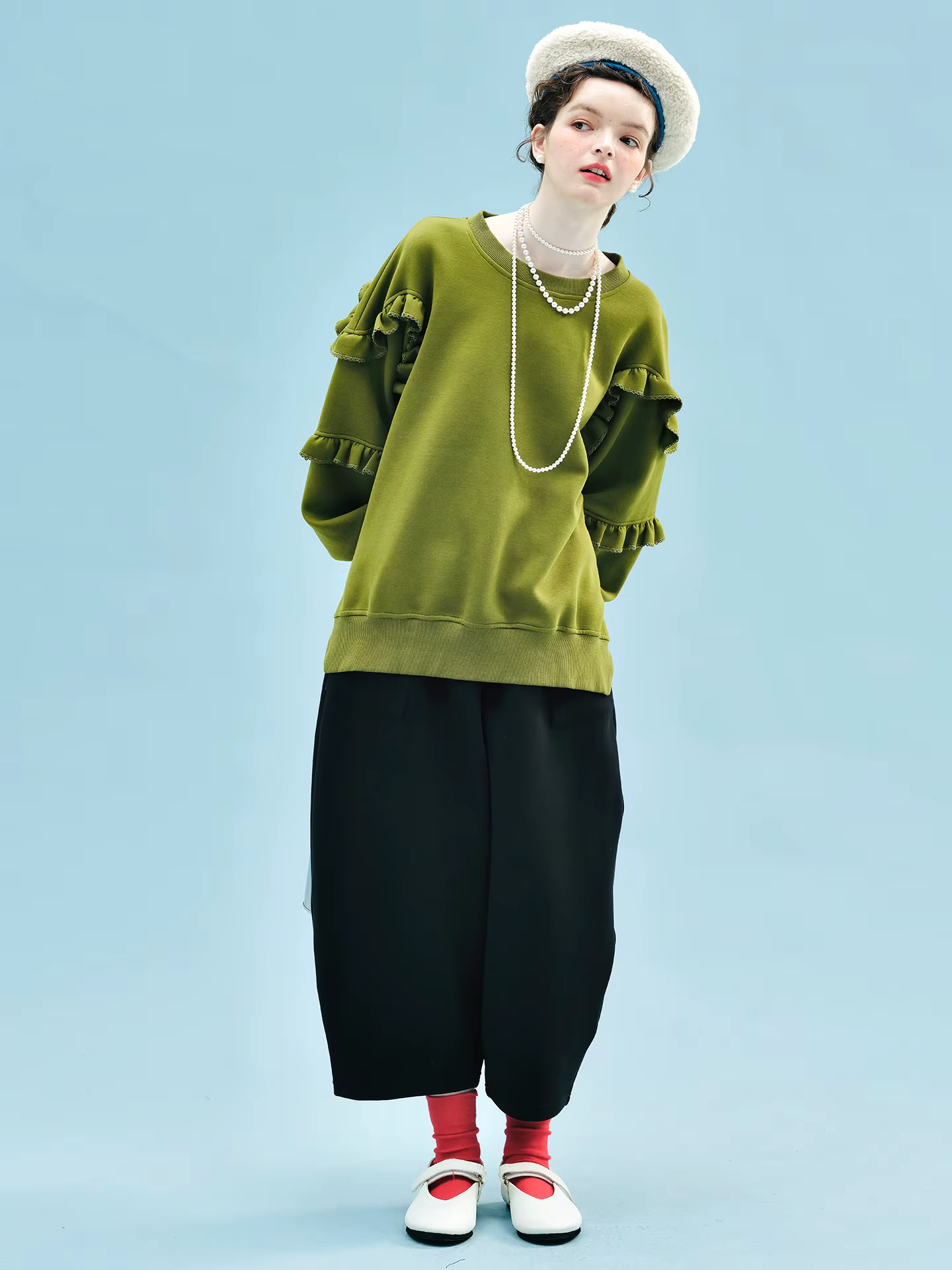 Sweat-shirt vert olive à manches volantées uniques accrocheur pour les vêtements décontractés de rue 255243