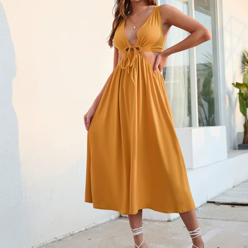 Sans manches jarretelle débardeur évider arc froncé longue Maxi décontracté col en V robes printemps été Sexy Chic femmes robe de vacances