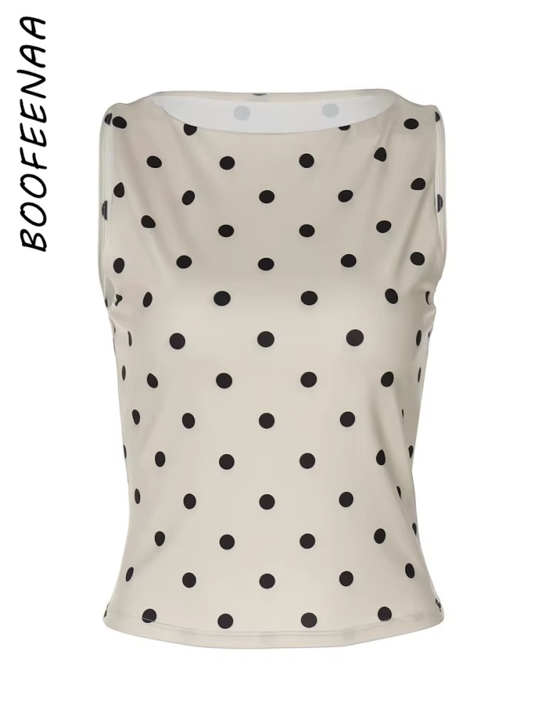 BOOFEENAA mode à pois imprimé débardeurs pour femme vêtements col rond haut sans manches C70-AF14