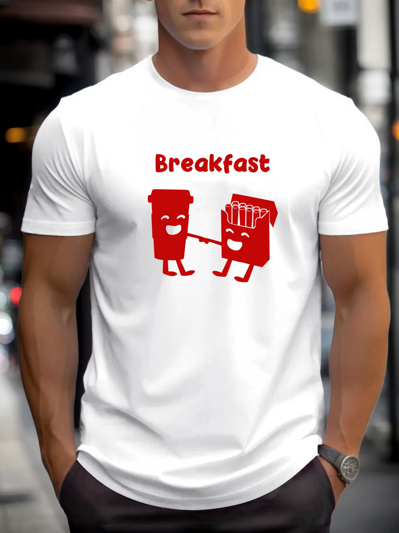 T-shirt pour hommes petit-déjeuner 100 % coton impression graphique été