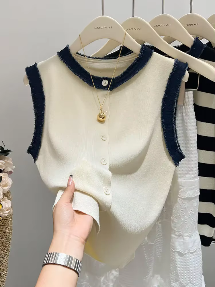 Haut sans manches en tricot blanc – Gilet court d'été à bretelles décontractées