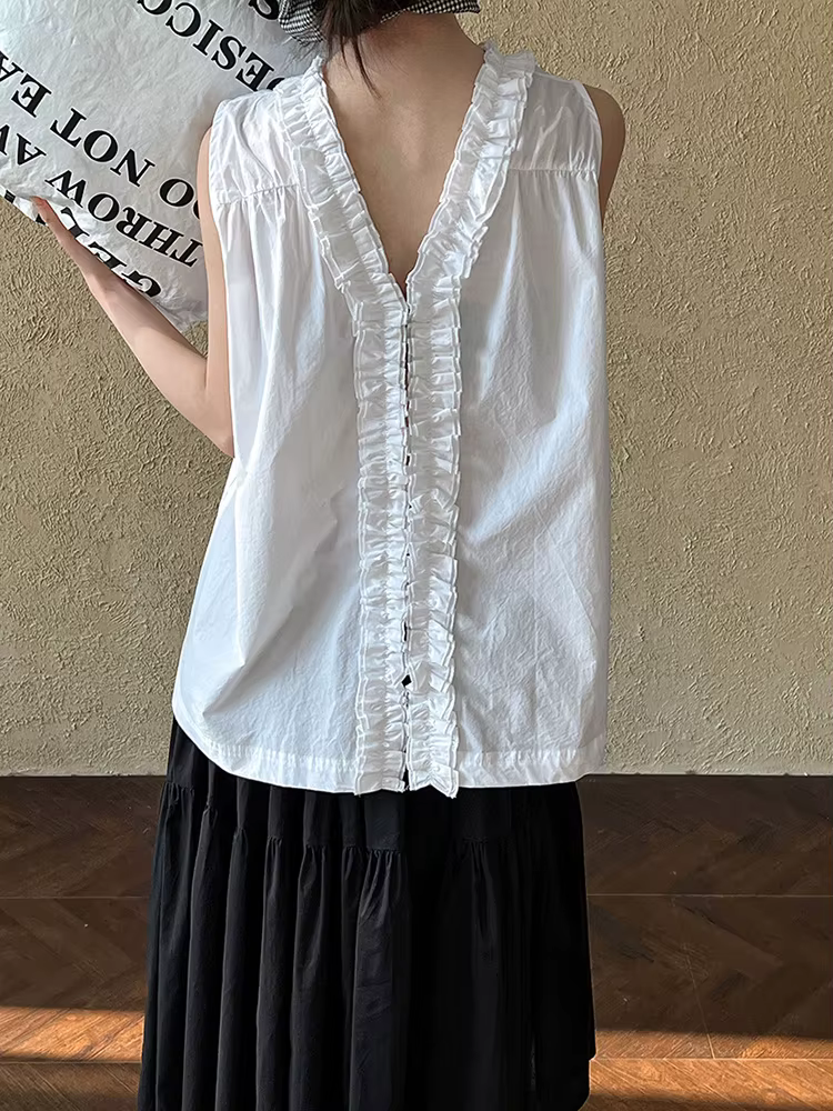 [EAM] femmes volants des deux côtés porter grande taille débardeurs nouveau col en V sans manches personnalité mode printemps automne 2026 1DJ0593