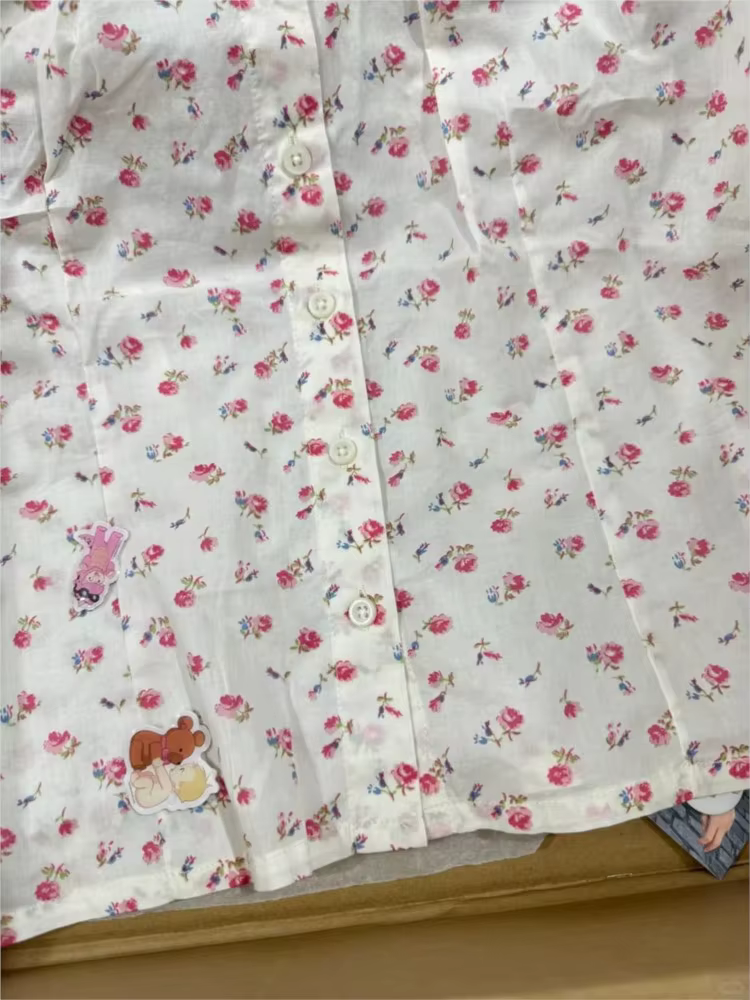 Doux rouge Floral T-shirt Blouse femme été col panoramique simple boutonnage manches courtes t-shirts décontracté