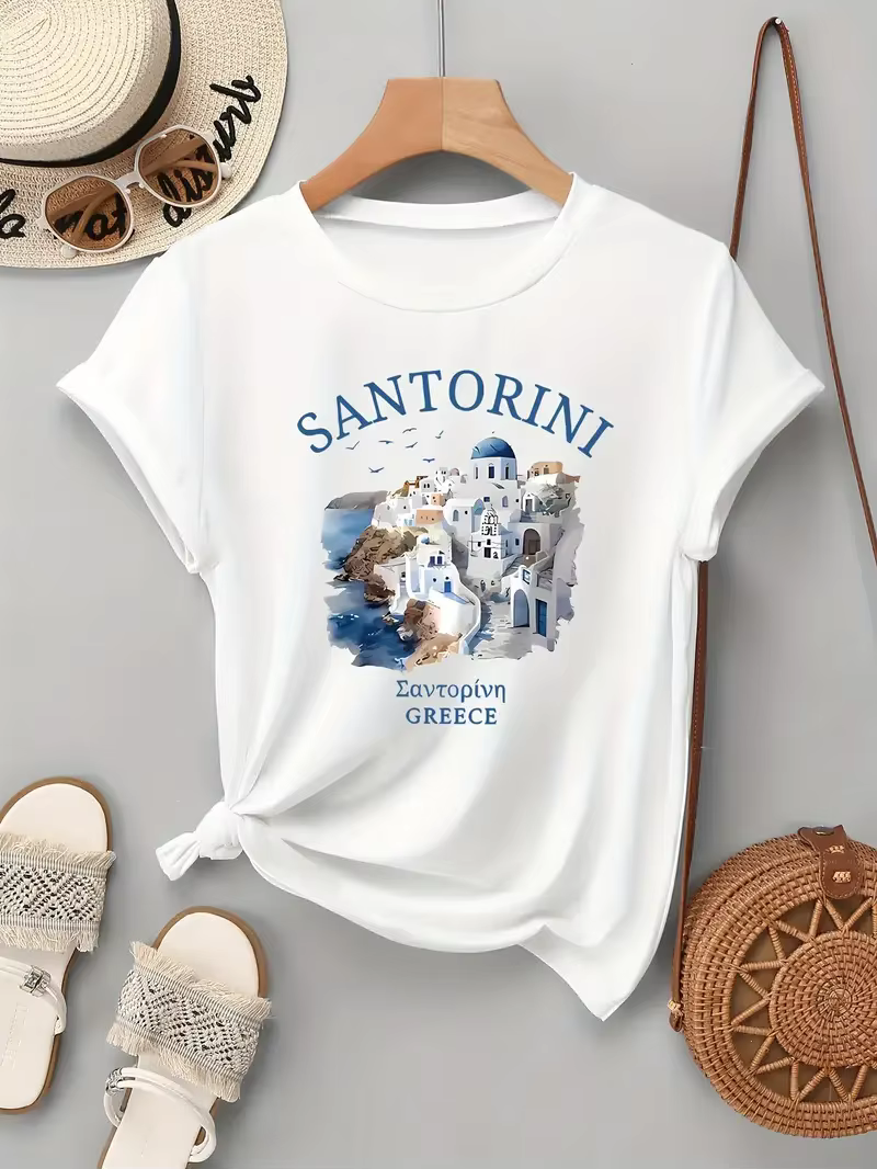 2025 Santorin imprimé col rond T-Shirt