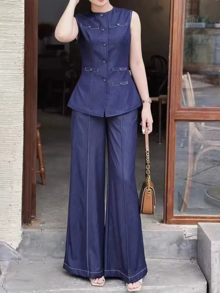 Krisstarsgirl 2025 nouveau chemisier en jean hauts pour femme été bleu élégant boutonné avec poches dessus de chemise
