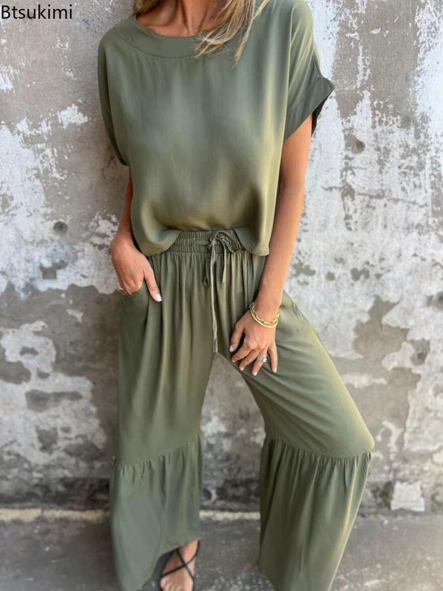 Nouveaux ensembles 2 pièces pour femmes : T-shirts amples à manches courtes et pantalons longs à volants