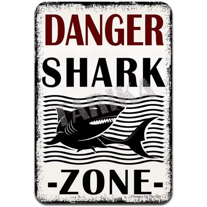 Panneau métallique vintage « DANGER Zone Requin » – Décoration murale nautique rétro – Plaque jaune rustique pour