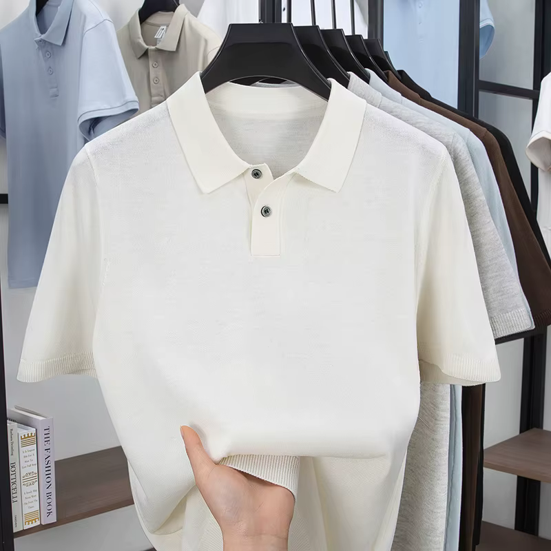 Polo en tricot de lin respirant de haute qualité 2026 – Hauts simples en maille unie pour hommes – Chemises pull en lyocell à manches courtes pour l'été